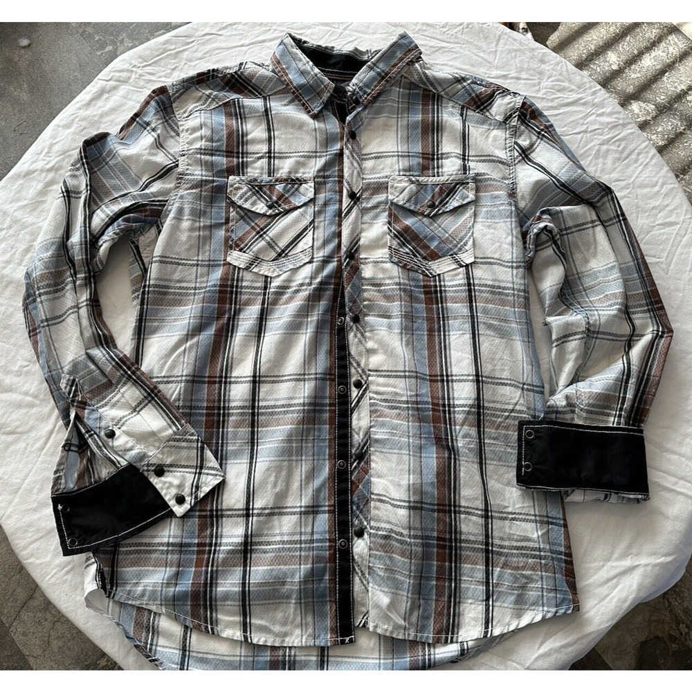 BKE Buckle Plaid Shirt XL Black Pearl Snap Cuff Western Blue/White/Brown/Black